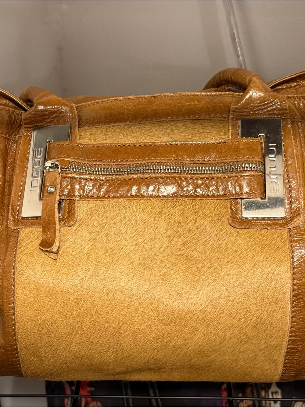 Italian Innue - Stylish Tan Haircalf & Leather Satchel with Branded Hardware